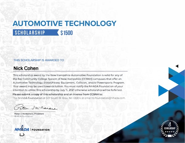 Nick Cohen Scholarship certificate (1)